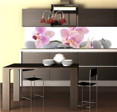 Fototapeta do kuchyn flie 260 x 60  Still life with pink orchid with gray stones, 260 x 60 cm