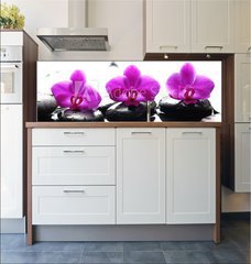 Fototapeta do kuchyn flie 180 x 60  Three zen stones and three orchids with reflection, 180 x 60 cm
