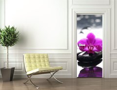 Samolepka na dvee flie 90 x 220  Three zen stones and three orchids with reflection, 90 x 220 cm