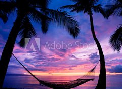 Samolepka flie 100 x 73  Beautiful Vacation Sunset, Hammock Silhouette with Palm Trees, 100 x 73 cm