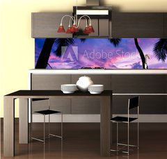 Fototapeta do kuchyn flie 260 x 60  Beautiful Vacation Sunset, Hammock Silhouette with Palm Trees, 260 x 60 cm
