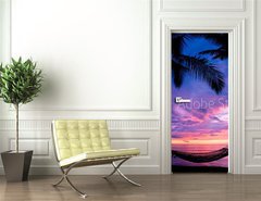 Samolepka na dvee flie 90 x 220  Beautiful Vacation Sunset, Hammock Silhouette with Palm Trees, 90 x 220 cm