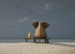 Samolepka flie 100 x 73, 37592738 - elephant and dog sit on a beach - slon a pes sed na pli