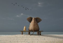 Samolepka flie 145 x 100, 37592738 - elephant and dog sit on a beach