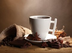 Fototapeta vliesov 100 x 73, 38114292 - cup of hot chocolate, cinnamon sticks, nuts and chocolate