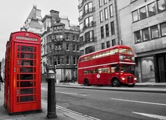 Fototapeta plátno 160 x 116, 38435488 - Cabine téléphonique et bus rouges Londres (UK) - Cabine téléphonique a bus rouges Londres (Velká Británie)