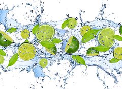 Fototapeta papr 254 x 184, 38602855 - Fresh limes in water splash,isolated on white background - erstv limes ve vod stkajc, izolovanch na blm pozad