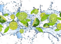 Fototapeta papr 254 x 184, 38602855 - Fresh limes in water splash,isolated on white background