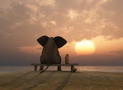 Fototapeta100 x 73  elephant and dog sit on a summer beach, 100 x 73 cm