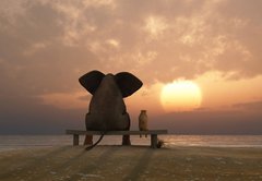 Fototapeta145 x 100  elephant and dog sit on a summer beach, 145 x 100 cm