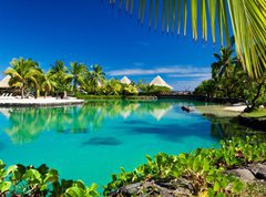 Fototapeta vliesov 270 x 200, 39219849 - Tropical resort with a green lagoon and palm trees