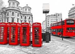 Fototapeta160 x 116  Red telephone boxes and double decker bus, london, UK., 160 x 116 cm