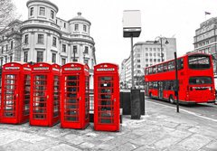 Fototapeta184 x 128  Red telephone boxes and double decker bus, london, UK., 184 x 128 cm