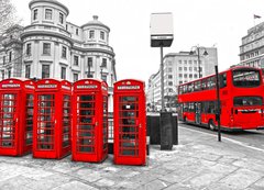 Samolepka flie 200 x 144, 39354761 - Red telephone boxes and double-decker bus, london, UK.