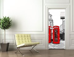 Samolepka na dveře fólie 90 x 220, 39354761 - Red telephone boxes and double-decker bus, london, UK. - Červené telefonní schránky a dvojité