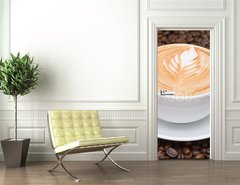 Samolepka na dvee flie 90 x 220  Coffee cup with coffee beans background, 90 x 220 cm