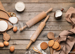 Samolepka flie 100 x 73, 405324068 - Ingredients for cookies and rolling pins on wooden background - Ingredience pro suenky a vleky na devn pozad