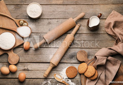 Samolepka flie 145 x 100, 405324068 - Ingredients for cookies and rolling pins on wooden background