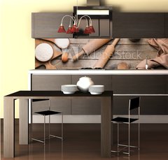 Fototapeta do kuchyn flie 260 x 60  Ingredients for cookies and rolling pins on wooden background, 260 x 60 cm