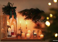 Samolepka flie 100 x 73, 407641595 - Wooden decorative Christmas lantern and burning candles on table indoors - Devn dekorativn vnon lampa a hoc svky na stole v interiru