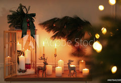 Samolepka fólie 145 x 100, 407641595 - Wooden decorative Christmas lantern and burning candles on table indoors - Dřevěná dekorativní vánoční lampa a hořící svíčky na stole v interiéru