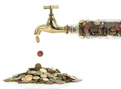 Fototapeta330 x 244  Money coins fall out of the golden tap, 330 x 244 cm
