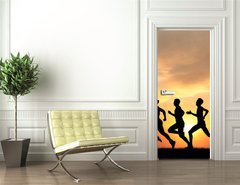 Samolepka na dvee flie 90 x 220, 41044614 - Marathon, black silhouettes of runners on the sunset - Maraton, ern siluety bc na zpad slunce