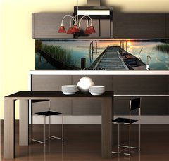 Fototapeta do kuchyně fólie 260 x 60, 41342790 - Steg mit Boot im Sonnenuntergang - Lávka s lodí v západu slunce
