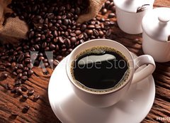 Fototapeta vliesov 200 x 144, 41409158 - Coffee cup with burlap sack of roasted beans - Kvov lek s pytlovm pytlem z praench fazol