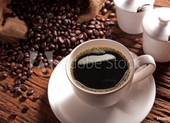 Fototapeta pltno 240 x 174, 41409158 - Coffee cup with burlap sack of roasted beans - Kvov lek s pytlovm pytlem z praench fazol