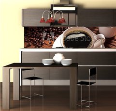 Fototapeta do kuchyně fólie 260 x 60, 41409158 - Coffee cup with burlap sack of roasted beans - Kávový šálek s pytlovým pytlem z pražených fazolí