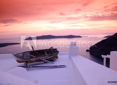 Fototapeta240 x 174  Santorini with boat on white roof against sunset in Greece, 240 x 174 cm