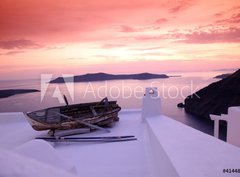 Fototapeta360 x 266  Santorini with boat on white roof against sunset in Greece, 360 x 266 cm