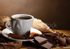 Fototapeta pltno 174 x 120, 41590133 - coffee cup and beans, cinnamon sticks, nuts and chocolate