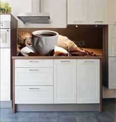 Fototapeta do kuchyn flie 180 x 60  coffee cup and beans, cinnamon sticks, nuts and chocolate, 180 x 60 cm