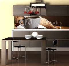Fototapeta do kuchyn flie 260 x 60  coffee cup and beans, cinnamon sticks, nuts and chocolate, 260 x 60 cm