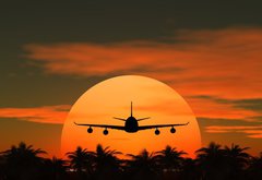 Fototapeta145 x 100  airplane flying at sunset over the tropical land with palm trees, 145 x 100 cm