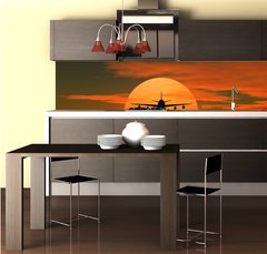 Fototapeta do kuchyn flie 260 x 60, 41883817 - airplane flying at sunset over the tropical land with palm trees