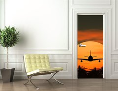 Samolepka na dvee flie 90 x 220  airplane flying at sunset over the tropical land with palm trees, 90 x 220 cm