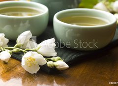 Samolepka flie 100 x 73, 42047983 - Green tea with jasmine in cup and teapot on wooden table