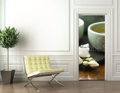 Samolepka na dvee flie 90 x 220, 42047983 - Green tea with jasmine in cup and teapot on wooden table