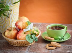 Fototapeta330 x 244  Beautiful ripe apples and branches of a blossoming apple tree in, 330 x 244 cm