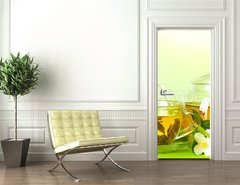 Samolepka na dvee flie 90 x 220  tea with jasmine in cup and teapot on table on green background, 90 x 220 cm
