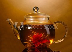 Fototapeta160 x 116  glass teapot and cup with exotic green tea, 160 x 116 cm