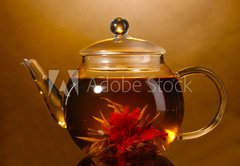 Fototapeta174 x 120  glass teapot and cup with exotic green tea, 174 x 120 cm