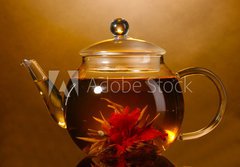 Fototapeta184 x 128  glass teapot and cup with exotic green tea, 184 x 128 cm