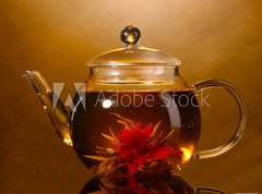 Samolepka flie 270 x 200, 42285259 - glass teapot and cup with exotic green tea