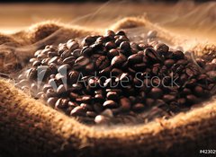 Samolepka flie 100 x 73, 42302963 - Coffee beans with smoke in burlap sack - Kvov zrna s kouem v pytlku