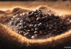 Fototapeta174 x 120  Coffee beans with smoke in burlap sack, 174 x 120 cm