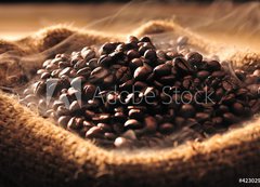 Samolepka flie 200 x 144  Coffee beans with smoke in burlap sack, 200 x 144 cm